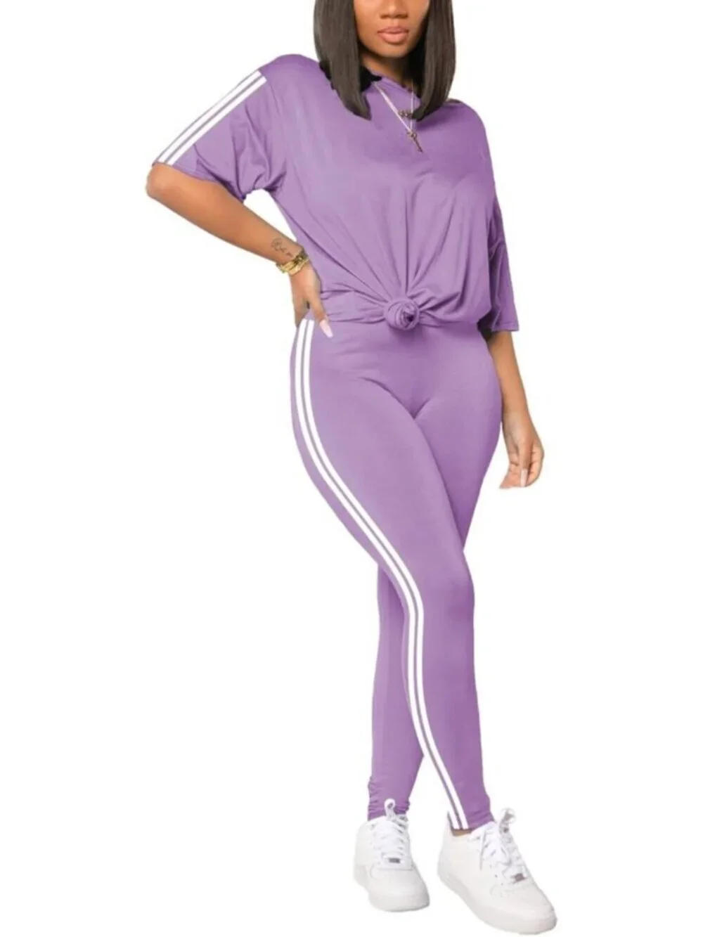 Women's Purple 2 Piece Outfits Summer Sweatsuits Drop Shoulder Tracksuits